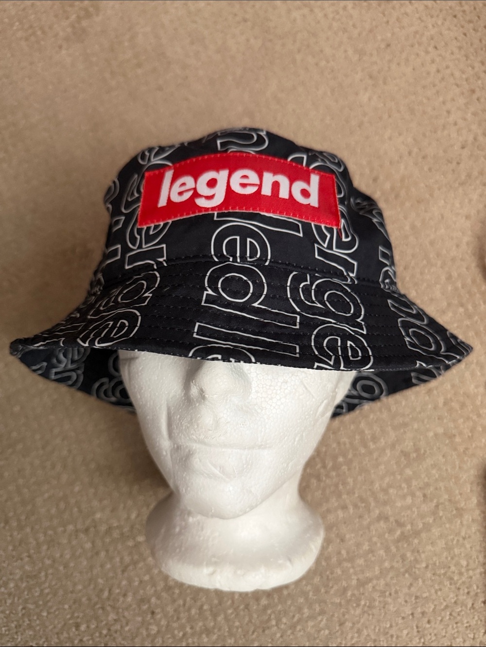 Legend Black Patterned Bucket Hat with Red Logo Patch